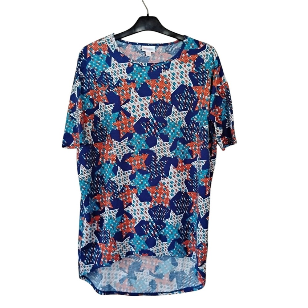 LuLaRoe Irma Tunic Top XXS Patriotic Stars Popsicle Red White Blue High Low Hem